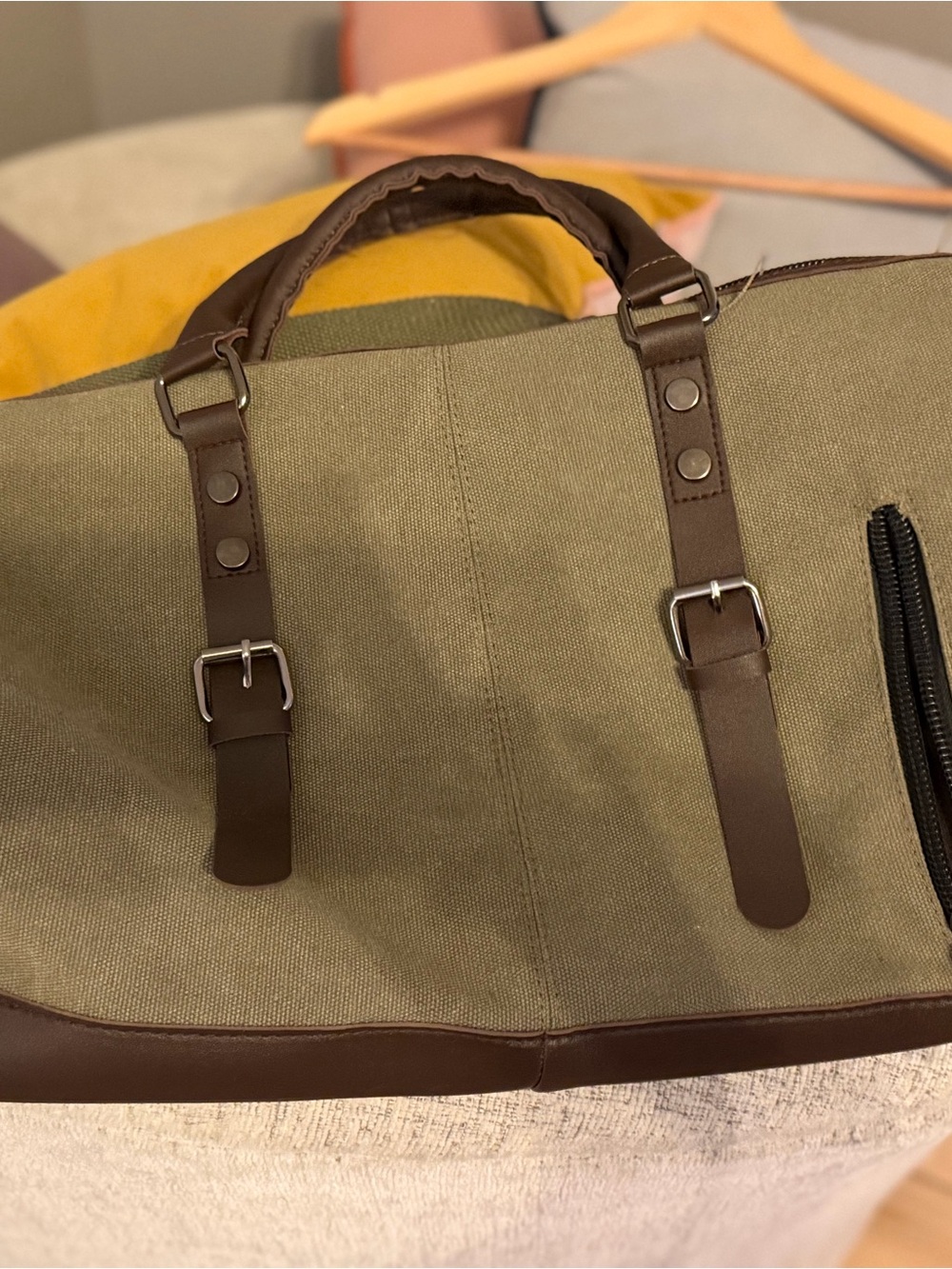 Canvas Weekender Duffel Bag - Olive Green with Brown Trim - Picture 12 of 15